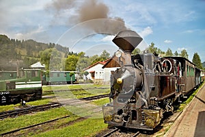 Locomotive on the train station in Cierny Balog. Ciernohronska railway. Steam old train. Steam locomotive