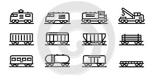 Locomotive and wagon line icon collection. train, repair train and railway freight cars