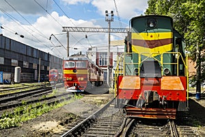 Locomotives on the railway in the Roundhouse of Yelets, Russia