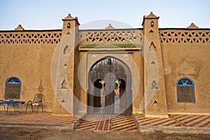 Lodges in Casbah style at the edge of Sahara desert in Merzouga, near Erg Chebbi in Morocco