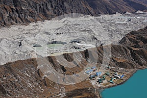 Lodges in Gokyo and detail of the Ngozumpa Glacier