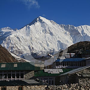 Village Gokyo and majestic mountain Cho Oyu, Mount Everest National Park, Nepal. photo