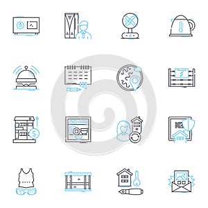 Lodging industry linear icons set. Accommodation, Hospitality, Tourism, Lodging, Travel, Hotel, Motel line vector and