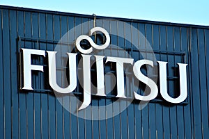 Sign Fujitsu. Company signboard Fujitsu.