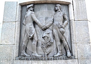 LODZ, POLAND. A bas-relief with Tadeusz Kosciusko and George Washington`s image. Fragment of a monument of Kosciusko