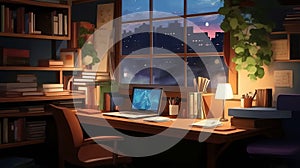 Lofi Anime Night Study: Tranquil Study Corner with Cozy Ambiance.