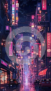 LOFI city illustration, anime manga style background wallpaper design, skyscrapes, Generative AI photo