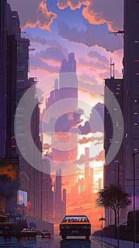 LOFI city illustration, anime manga style background wallpaper design, skyscrapes, Generative AI photo