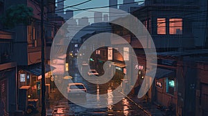 LOFI city illustration, anime manga style background wallpaper design, skyscrapes, Generative AI photo