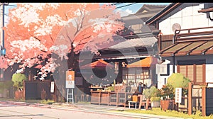 LOFI city illustration, anime manga style background wallpaper design, skyscrapes, Generative AI