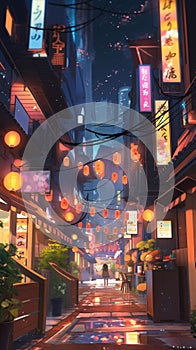 LOFI city illustration, anime manga style background wallpaper design, skyscrapes, Generative AI