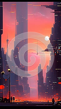 LOFI city illustration, anime manga style background wallpaper design, skyscrapes, Generative AI