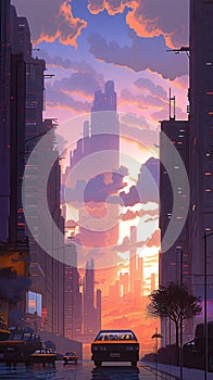 LOFI city illustration, anime manga style background wallpaper design, skyscrapes, Generative AI