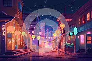 lofi city street at night with colorful lights and lanterns
