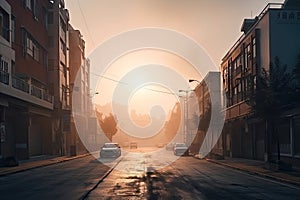 lofi city street with view of misty morning sunrise, bringing new day to the city