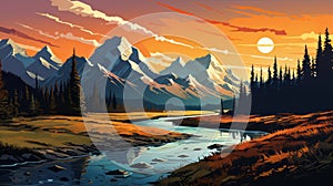 Lofi Denali National Park Landscape Painting: Mountain Stream At Sunset