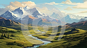 Lofi Digital Painting Of Denali National Park Landscape