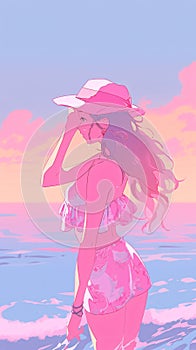 LOFI Girl in bikini on a beach, anime manga style illustration design, background, Generative AI