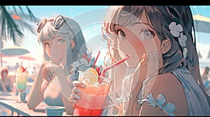 LOFI Girl in bikini on a beach, anime manga style illustration design, background, Generative AI