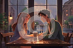 Lofi Style of A Charming Couple Sitting at a Table by the Window in the Rain.
