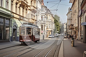 lofitown street, with vintage cars and trams passing by