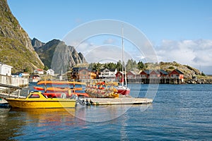 Lofoten fjord harbour with fishing boats