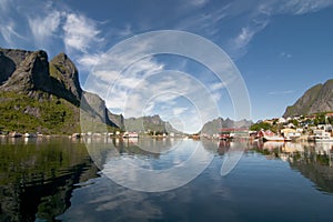 Lofoten Island Norway Fjord and village view from the boat