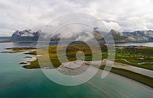 Lofoten Islands Aerial Landscape, Sunny Norway Seascape Panorama from Above