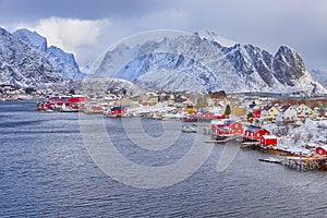 Lofoten Islands Archipelago Spring Scenery with Traditional Red and Yellow Fisherman Rorbu Cabins in The Village of Sakrisoy at