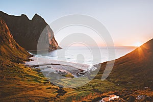 Lofoten islands Kvalvika beach in Norway sunset landscape nature aerial view