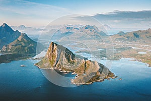 Lofoten islands landscape in Norway rocks and sea aerial view travel destinations