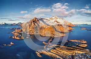 Lofoten islands, Norway. Aerial landscape with mountains, islands and ocean. Natural landscape from air.