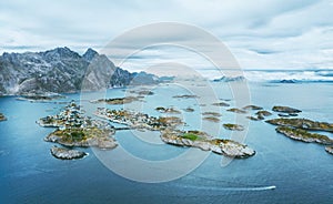 Lofoten islands in Norway aerial view Henningsvaer village beautiful travel destinations