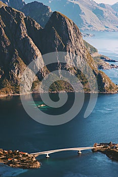 Lofoten islands in Norway aerial view landscape travel drone scenery rocks above fjord