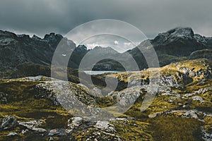 Lofoten Islands Norway. Mountain autumn landscape. Hike to Mount Munken, alpine lake