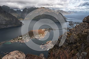 Lofoten Islands, Norway, panorama of the city of Reine from the top of the Reinebringen mountain