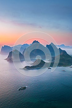 Lofoten islands in Norway sunset landscape rocks and sea travel destinations scenery northern scandinavian nature