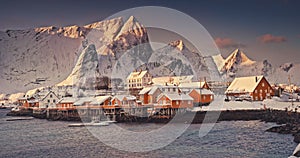 Lofoten islands winter panorama nature landscape, mountains peaks, arctic sea shore, Sakrisoy, Reine, Norway