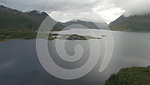 Lofoten peninsula and fjord aerial