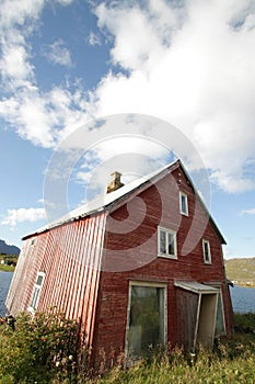 Lofoten's house beach & cloudy blue sky