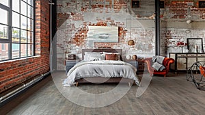 In a loft apartment the bedroom features a walltowall installation of stonelook LVT in a warm grey tone. The texture of photo
