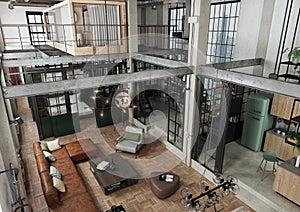 Loft apartment designed as an open-plan modern interior.