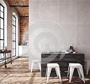 Loft apartment, kitchen interior, industrial style