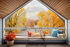 loft balcony on aframe against a backdrop of autumn trees photo