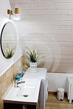 Loft bathroom with wooden ceiling detail