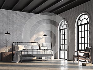 Loft bedroom with white brick wall 3d render photo