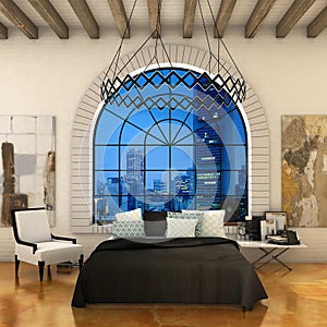 loft bedroom modern with big old window