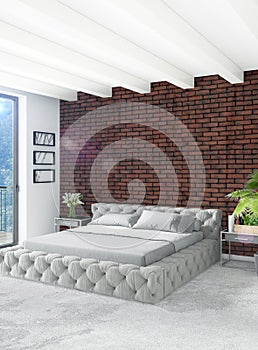 Loft bedroom in modern style interior design with eclectic wall and stylish sofa. 3D Rendering.