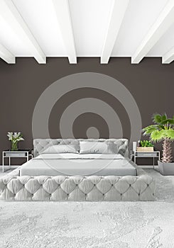 Loft bedroom in modern style interior design with eclectic wall and stylish sofa. 3D Rendering.