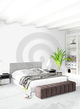 Loft bedroom in modern style interior design with eclectic wall and stylish sofa. 3D Rendering.